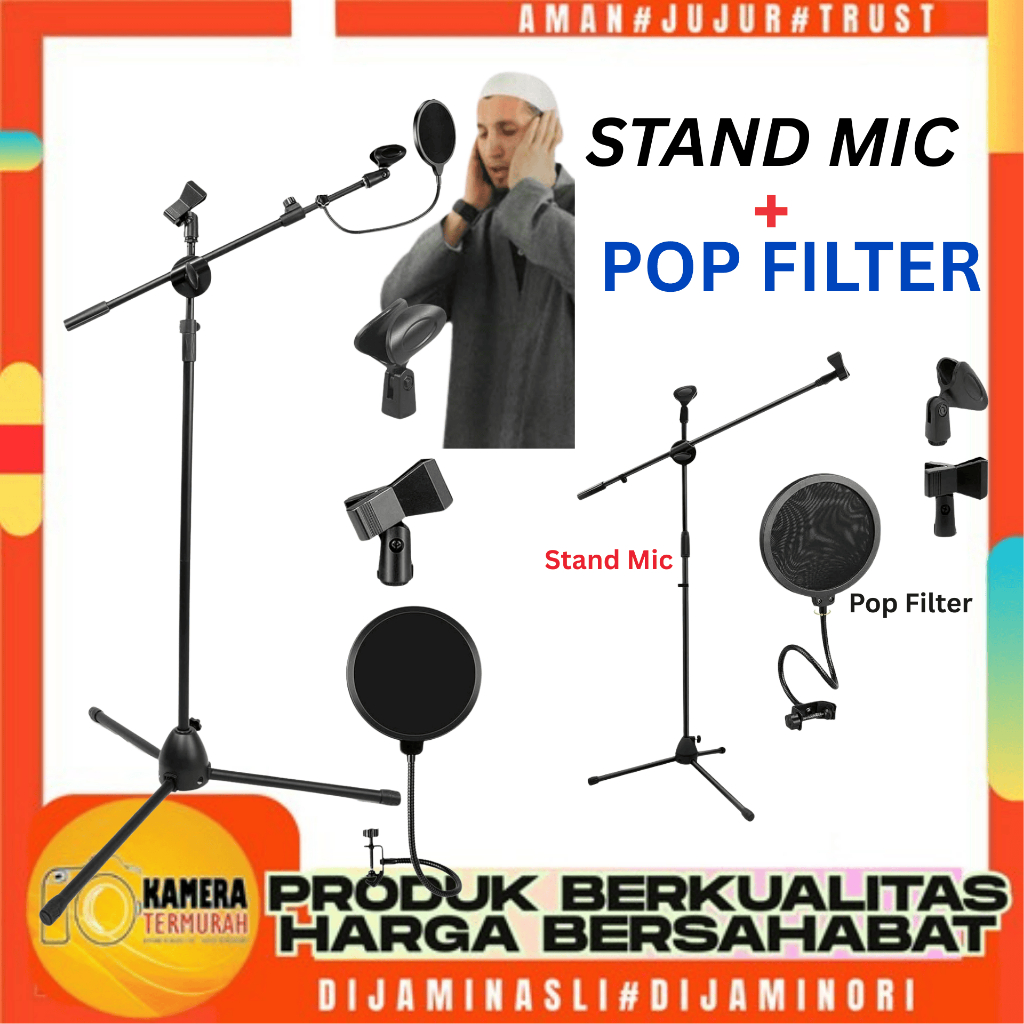 Stand Microphone + Mic Holder / Stand Mic Lantai Tripod Condenser