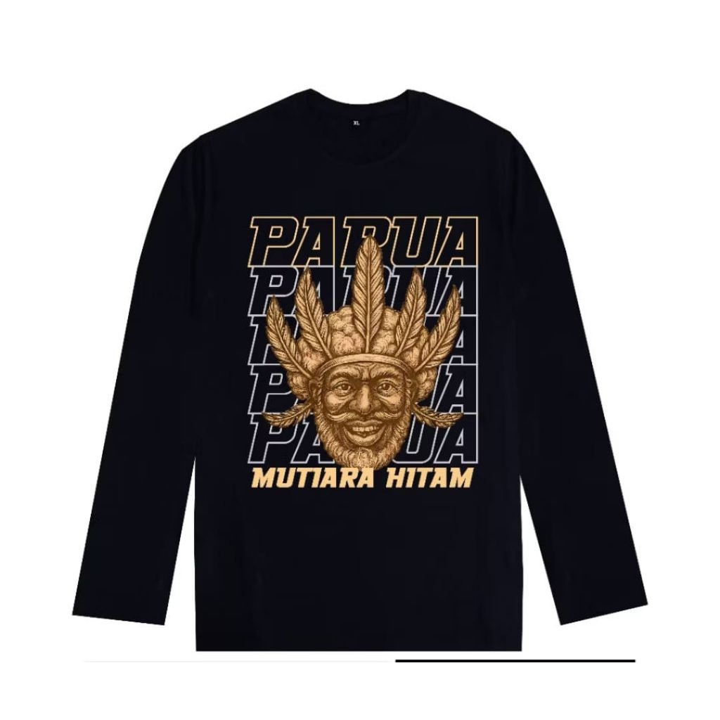 KAOS PAPUA MUTIARA HITAM LENGAN PANJANG CORAK COKLAT ORANG PAPUA