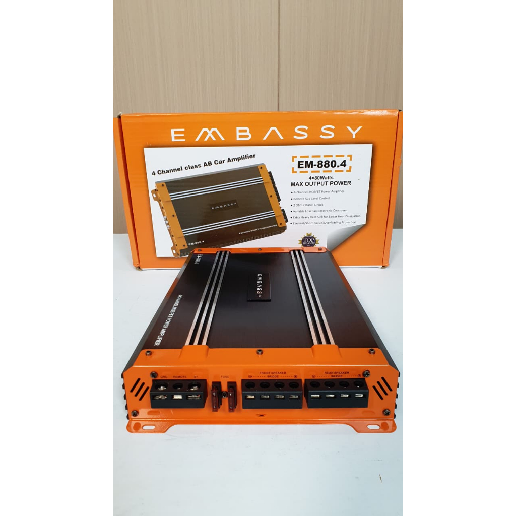 EMBASSY Power Amplifier EM-880.4 4 Channel Class AB Mobil 1200 Watt dengan Kontrol Subwoofer Jarak J
