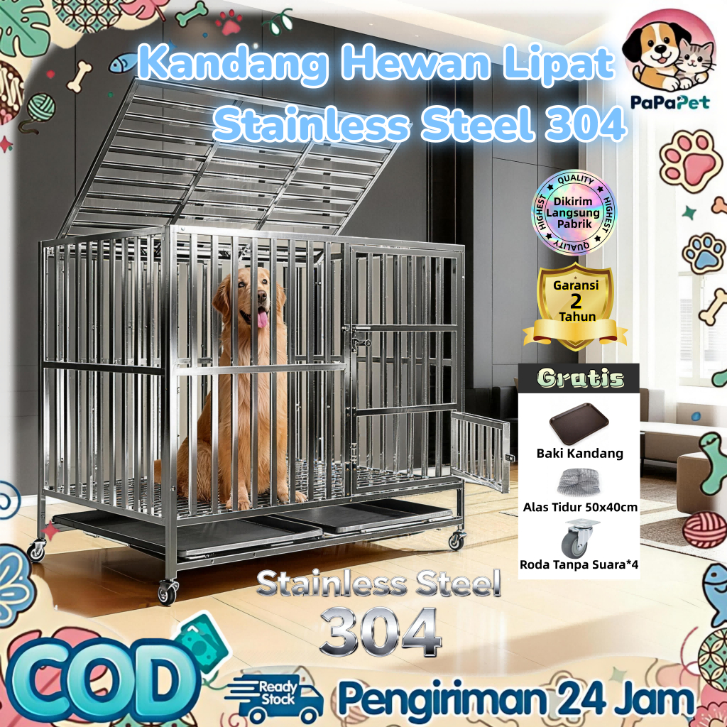 PAPAPET Kandang Anjing Stainless 304 Super Tebal - Hollow Besi Premium, Kuat Kokoh Anti Karat
