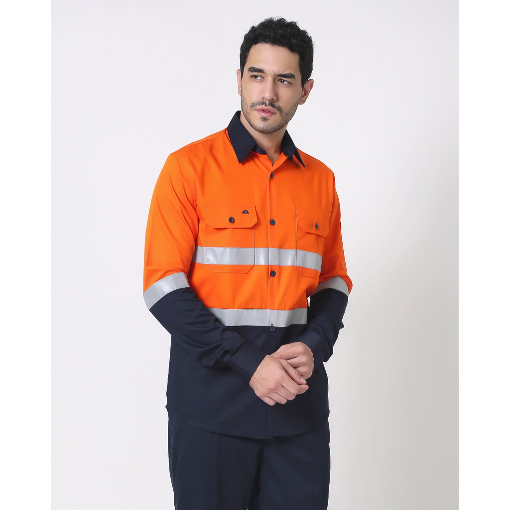 MOKOWORKWEAR WEARPACK BAJU SAFETY ORANGE NAVY AIRFLOW  ORIGINAL + LOGO + NAMA