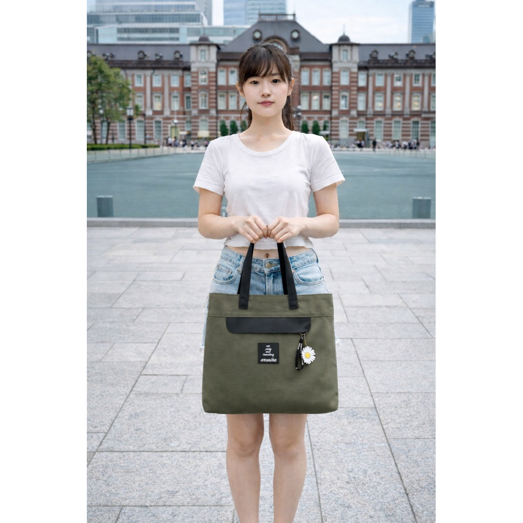 Tas Wanita Tote Bag Kanvas Polos Saku Resleting