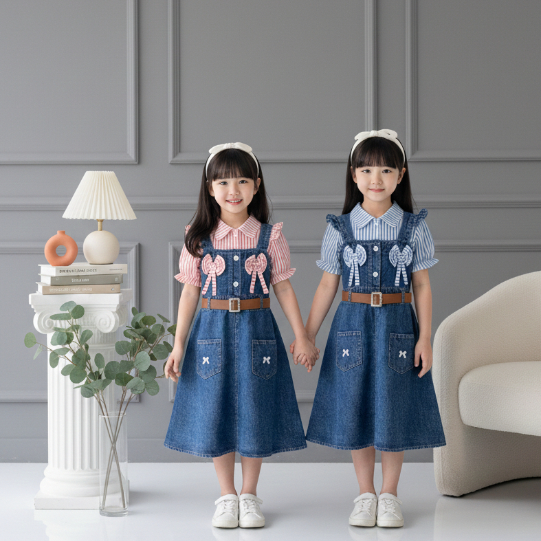 Dress jeans kombinasi Salur anak Perempuan Midi Nayyara Motif pita Kekinian free Belt anak 2-10 Tahu