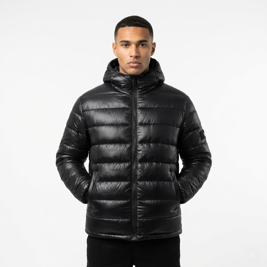 Jaket gelembung puffer winter hitam glossy pria
