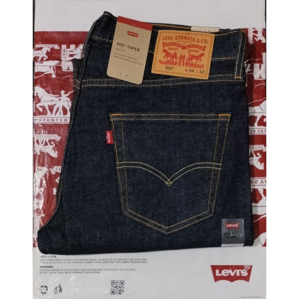 Celana Jeans 502 Original Size 34 Taper Stretch SELVEDGE Jeans / Black Indigo Denim Celana Panjang