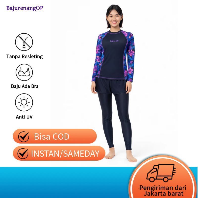 31602 Baju renang dewasa wanita remaja cewek satu set lengan celana panjang bunga antiuv