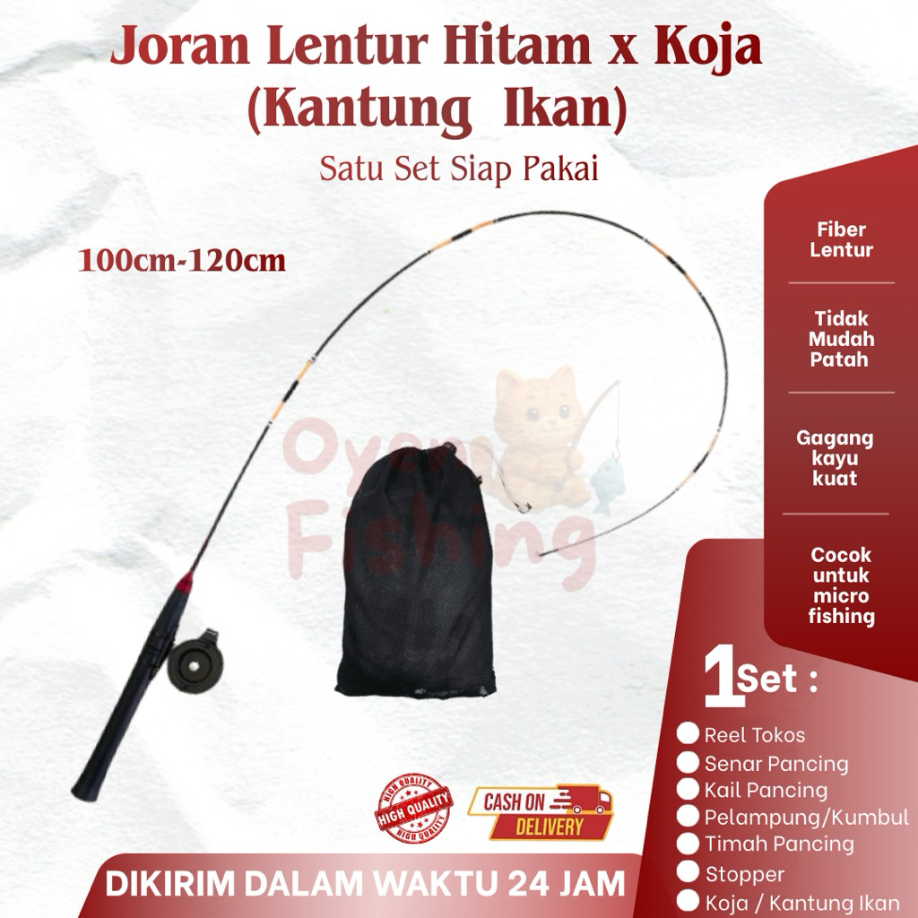 Joran Pancing Wader (Hitam) Super Lentur 100-120cm - Satu Set + Kantung