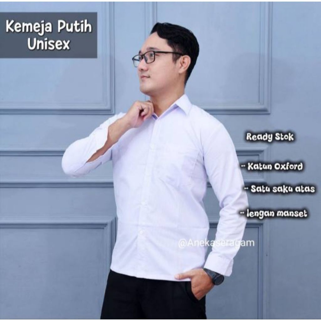 Anekaseragam| Baju Kemeja Atasan Putih Lengan Panjang Pria/Wanita untuk Dinas Kerja/Sekolah/Penganti