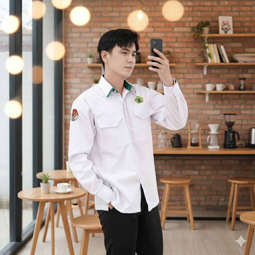 Seragam PDH wanita pria putih Kemeja Formal Kemenag Terbaru 2025/2026 Atasan Kerja Putih Kerah hijau