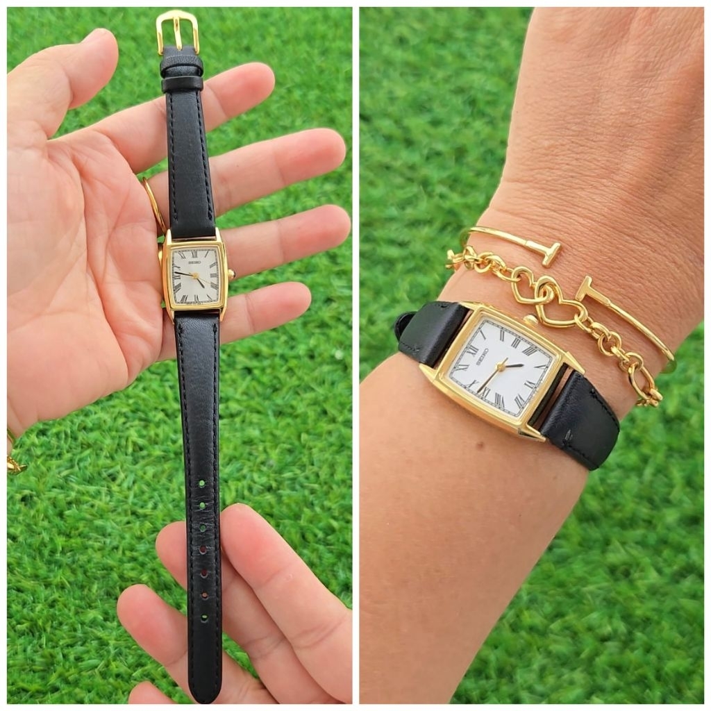 Rare Seiko Socie Roman Dial Tank 1F21-5A90 Ladies Quartz Vintage Watch with Black Leather Strap (T4A
