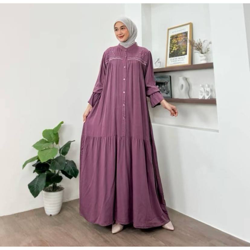 Alana Dress Gamis Rayon Twill Motif Bunga Bordir - Dress Maxi Wanita Terrbaru - Gamis Lebaran Bahan 