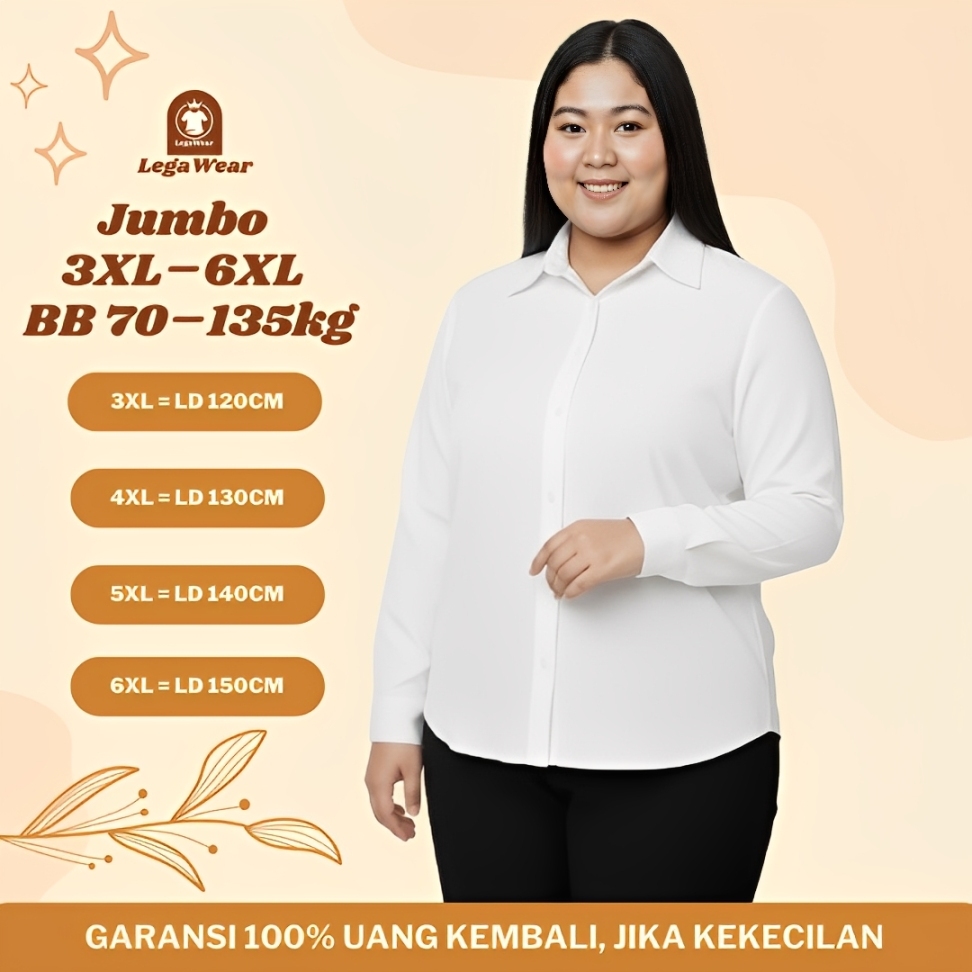 Kemeja Jumbo Wanita LD 120 130 140 150 Putih Lengan Panjang Polos Rayon Twill Premium