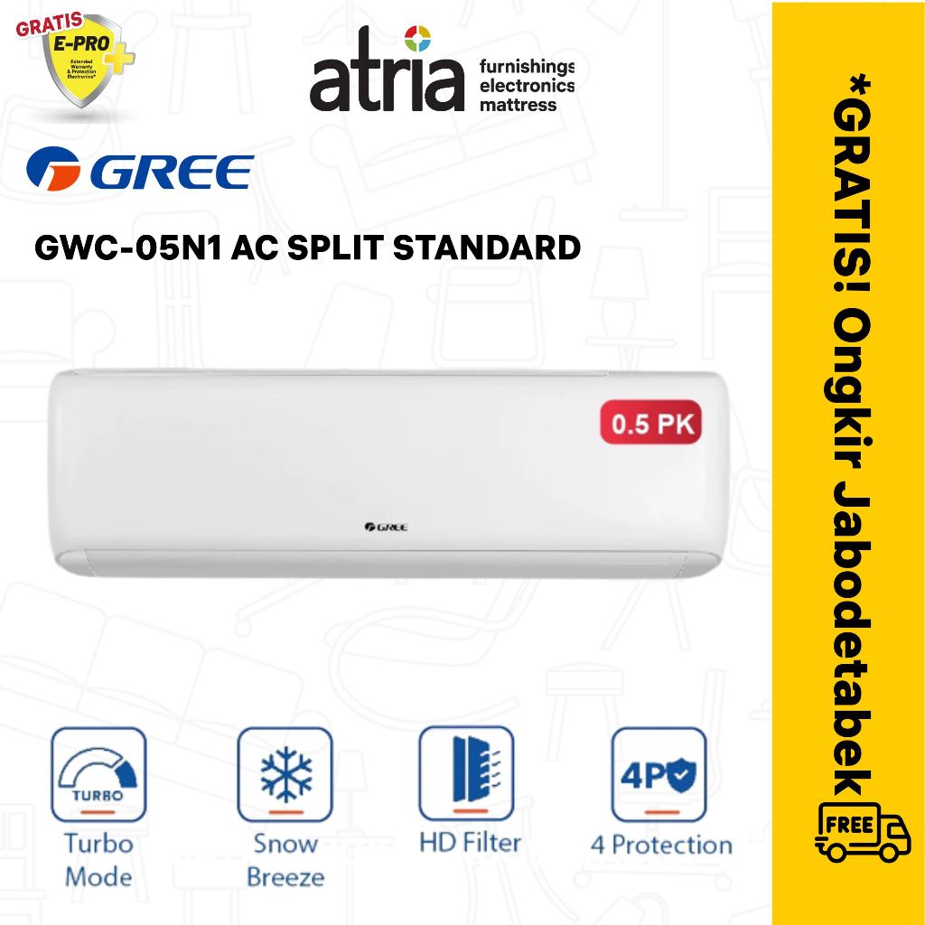 GREE AC STANDARD 1/2PK - Smart Cleaner - Turbo Mode - Gold Fin Anti Korosi GREE GWC-05N1