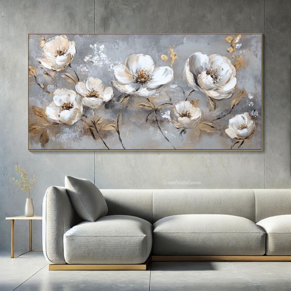 Hiasan dinding lukisan bunga peony kecil bertekstur tebal aesthetic modern