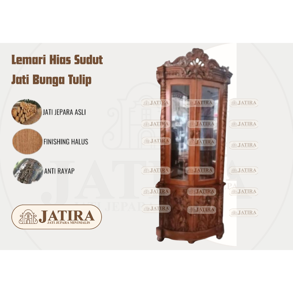 Lemari Hias Sudut Jati Ukir Motif Bunga Tulip | Lemari Hias Sudut Jati Asli Jepara Murah Palembang
