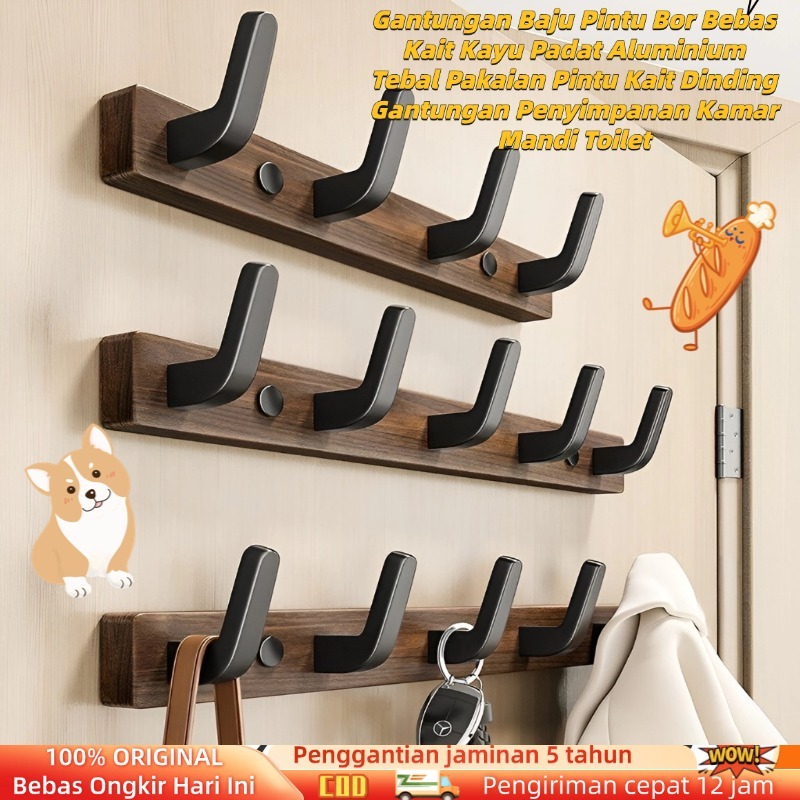 (Promo Ramadan) Gantungan Baju Pintu Bor Bebas Kait Kayu Padat Aluminium Tebal Pakaian Pintu Kait Di