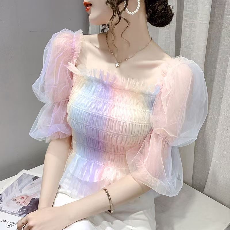 Atasan Wanita Lengan Puff Pendek Manis dan Fairy Strip Pelangi Kerah Kotak Kasa Mesh Kerut Bodycon