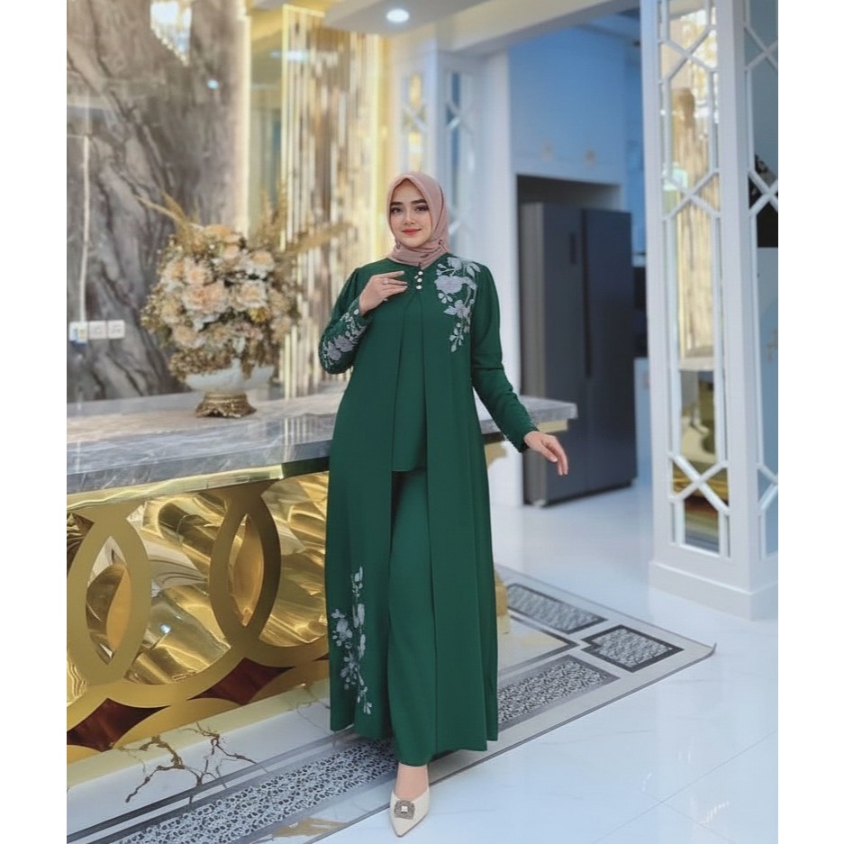 Setelan Wanita Lebaran Kekinian Rama Set 3in1 Baju Lebaran Wanita Muslimah Simple Elegan Gamis Lebar