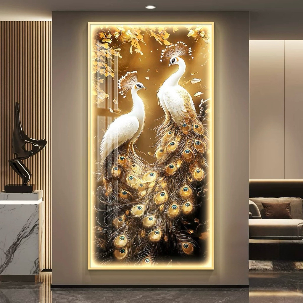 KOKOPAINTING Lukisan Porcelain Diamond 5D Kristal LED Motif Burung Merak Emas Putih / Lukisan Burung