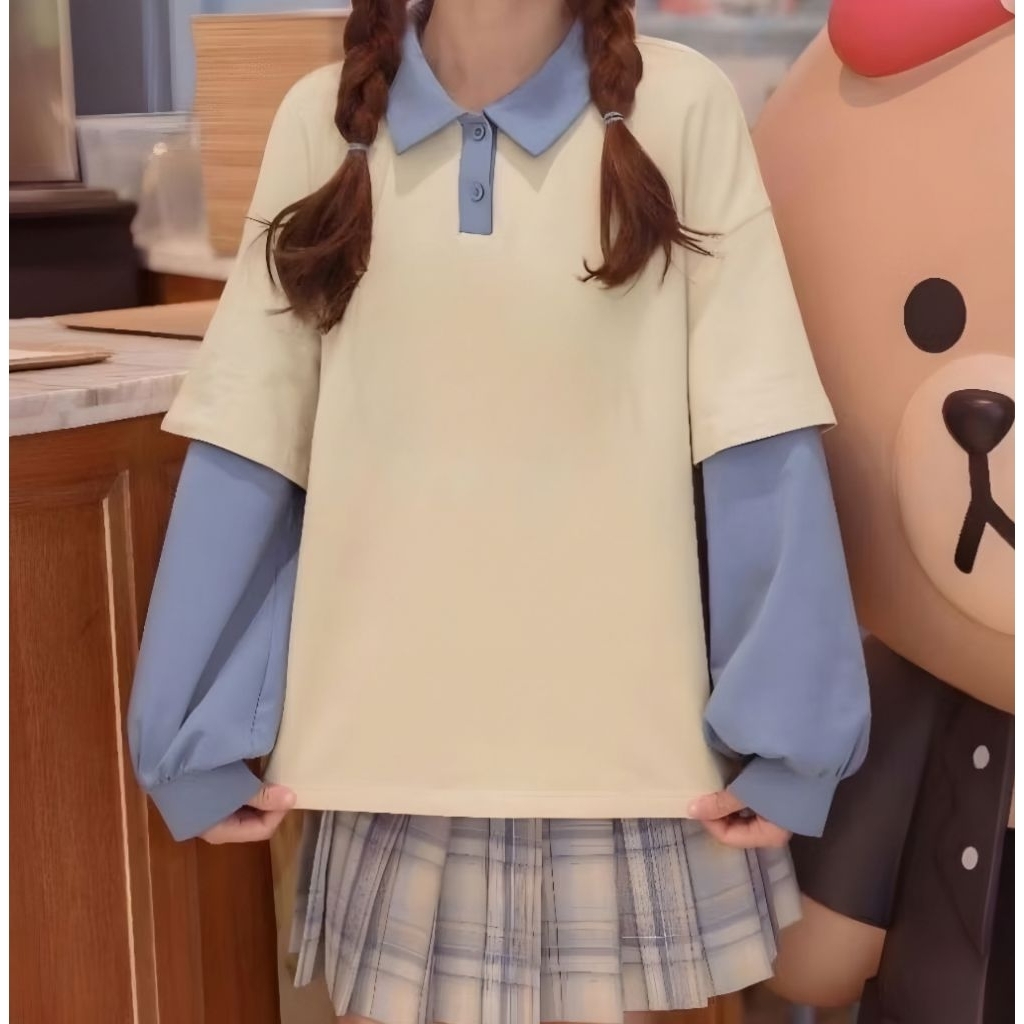 Jaketin Aja - Sweater Kerah Big Size ( S - 6XL ) POLOS BASIC LENGAN DOUBLE LAYER  Mix Two Tone Jaket