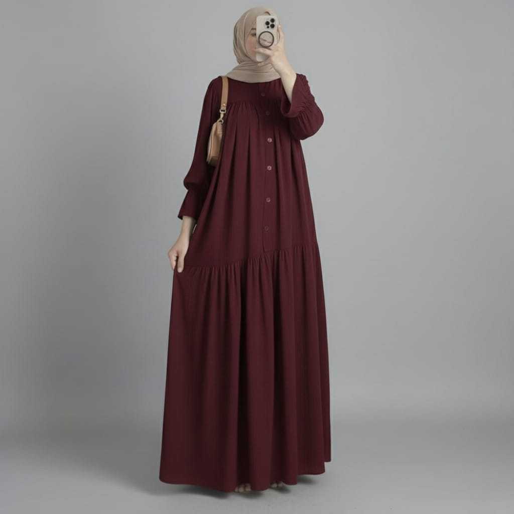 Gamis Dress Rayon Twill Gamis Wanita Bahan Rayon Twill Polos Lengan Balon Busui Dress Lebaran