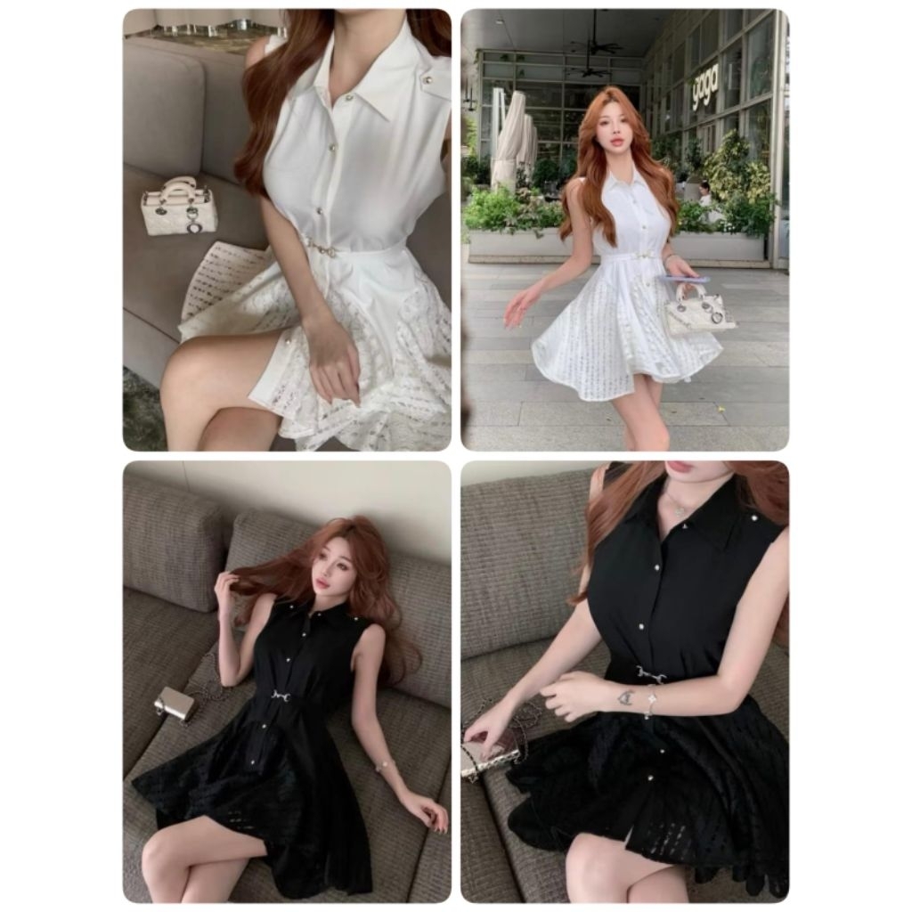 Elxie - 687 / Dress cantik  kerah kemeja tanpa lengan /Dress with belt / dress rompi skater lace / D