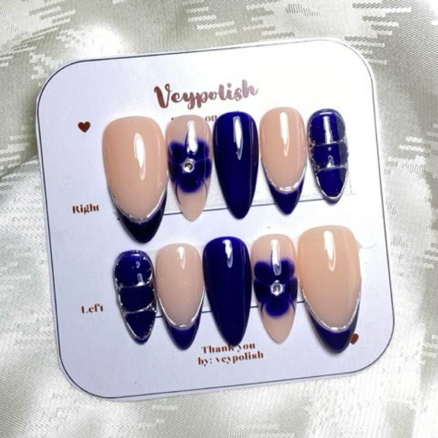Veypolish | Press on nails motif bunga biru french nails | Kuku palsu | Fake nails