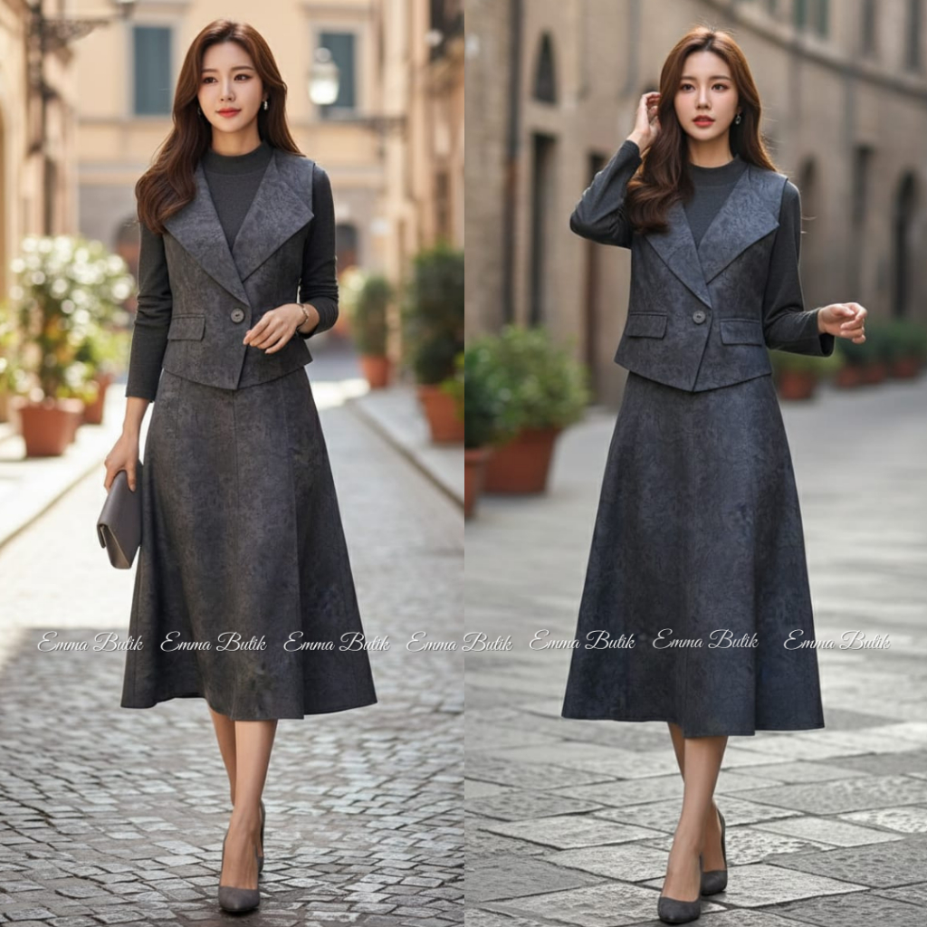 Emma.Butik E00633 Setelan Blazer Formal Dress Rompi Wanita Abu Oneset Midi Dress Lengan Panjang Kerj
