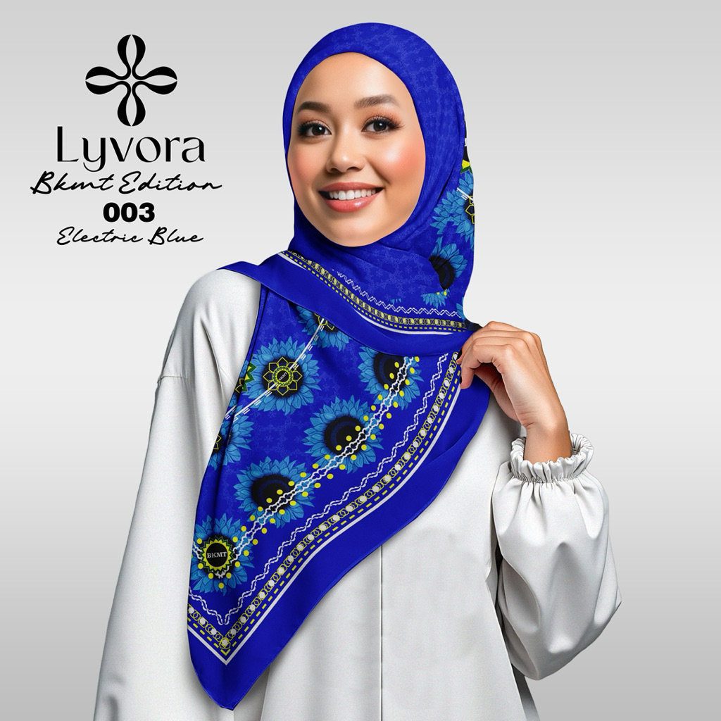 Jilbab BKMT - 003 Biru Elektrik - Hijab Voal Premium Lyvora – Segi Empat Adem, Laser Cut, Zipper Bag