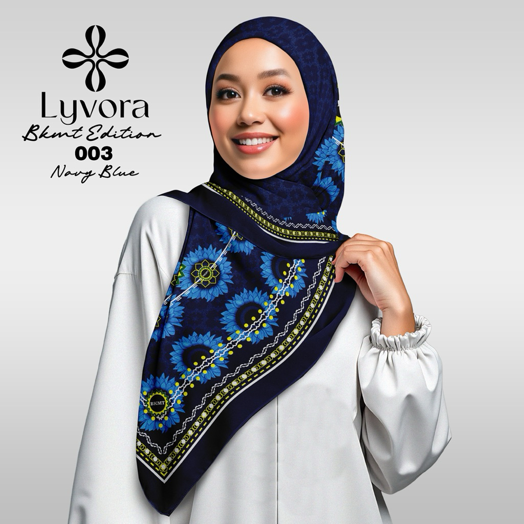 Jilbab BKMT - 003 Biru Dongker - Hijab Voal Premium Lyvora – Segi Empat Adem, Laser Cut, Zipper Bag
