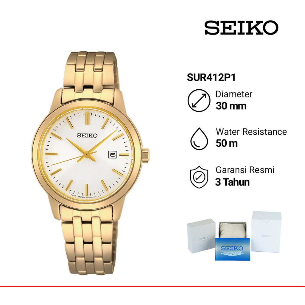 Jam Tangan Wanita Seiko SUR412P1 White Dial Gold Stainless Steel Band Watches