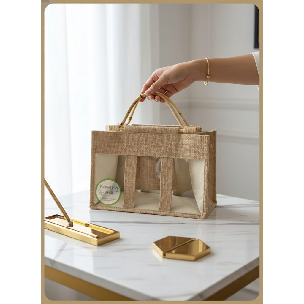 Jute Bag Tas Goni Laminasi Kombinasi Anyaman Rotan Hampers Hantaran Vintage Souvenir