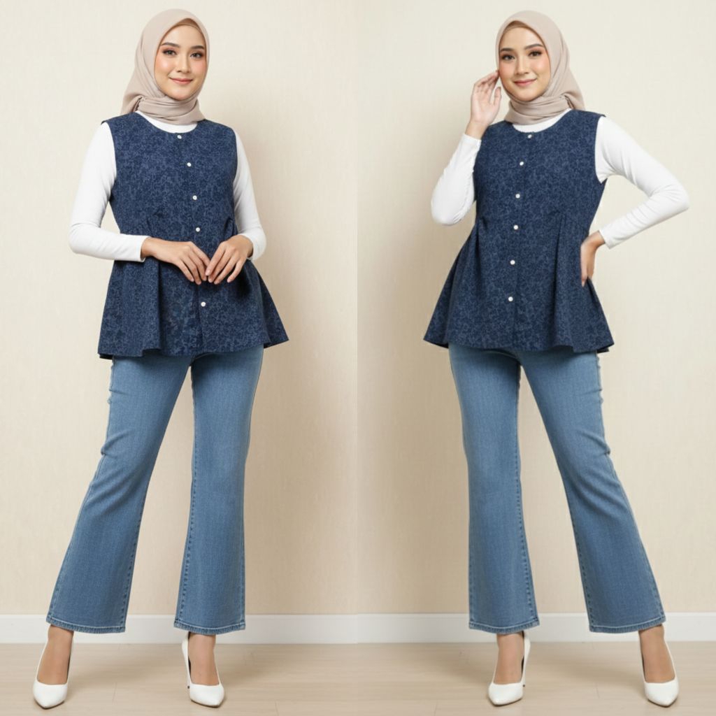 Setelan Wanita Dewasa Manohara Atasan Brokat Embos + Celana Cutbray Jeans Terbaru