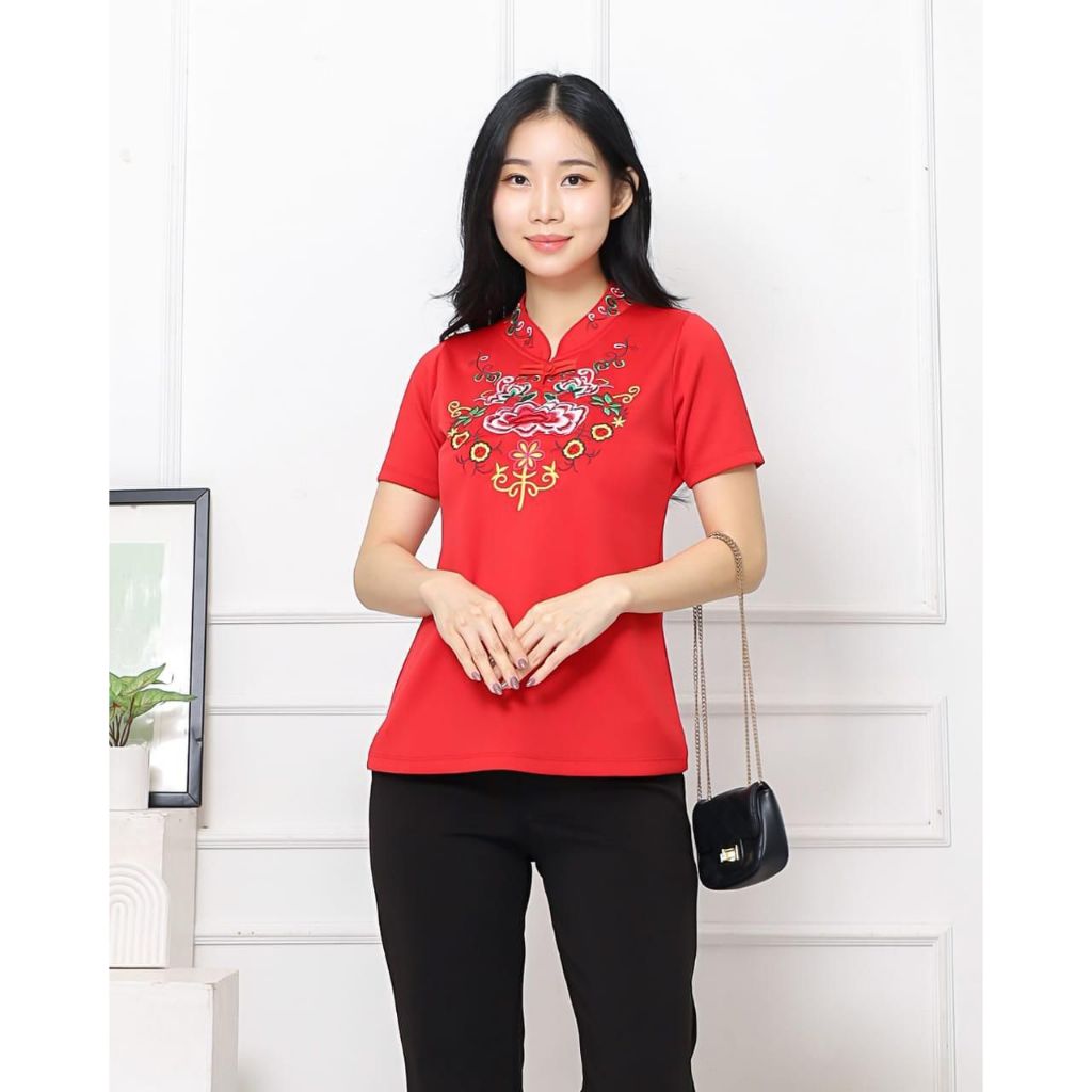 Atasan Fashion Wanita Kerah Shanghai Scuba Imlek Bordir