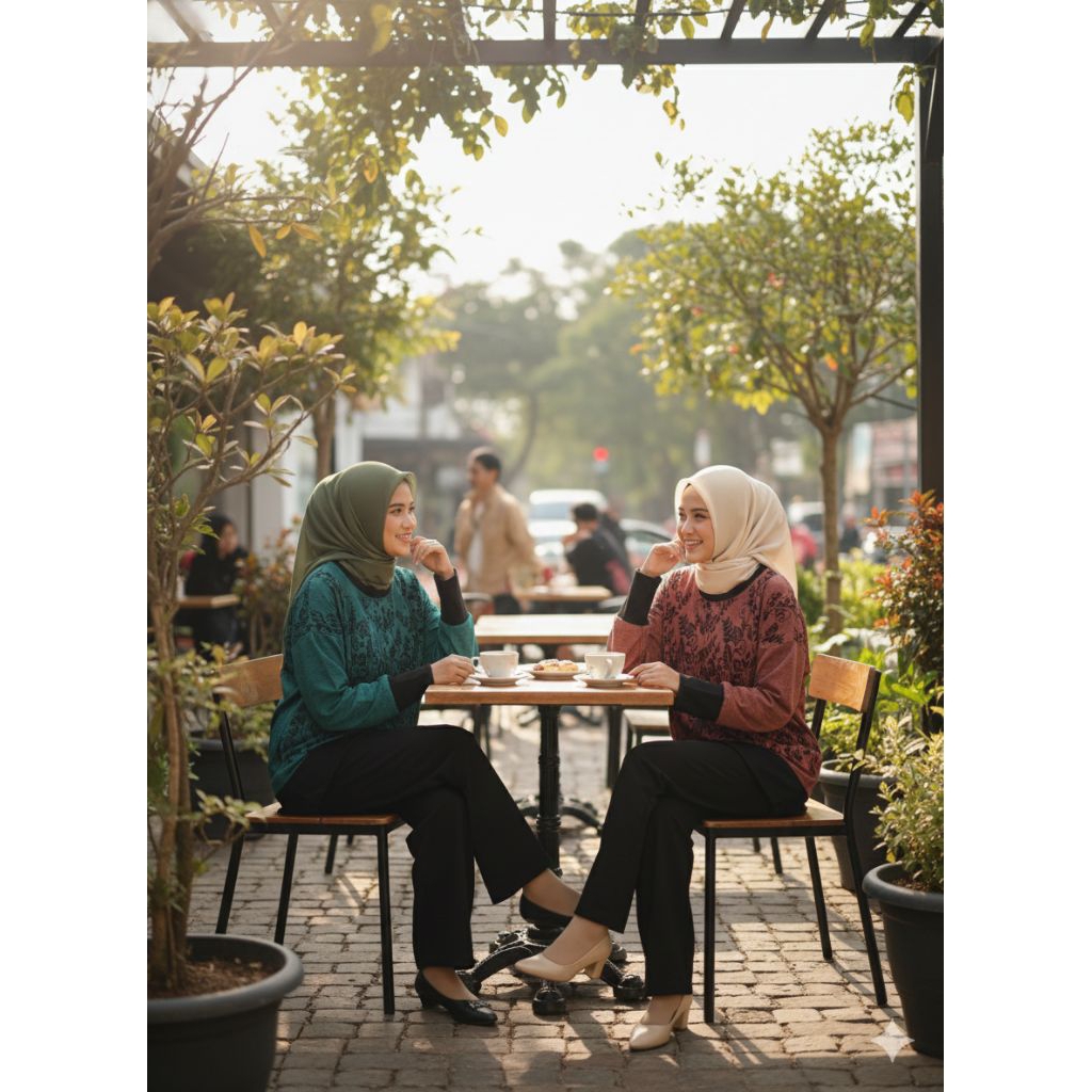 One Set Leaf Premium - Setelan Tunik Motif Daun & Kulot Hitam Elegan