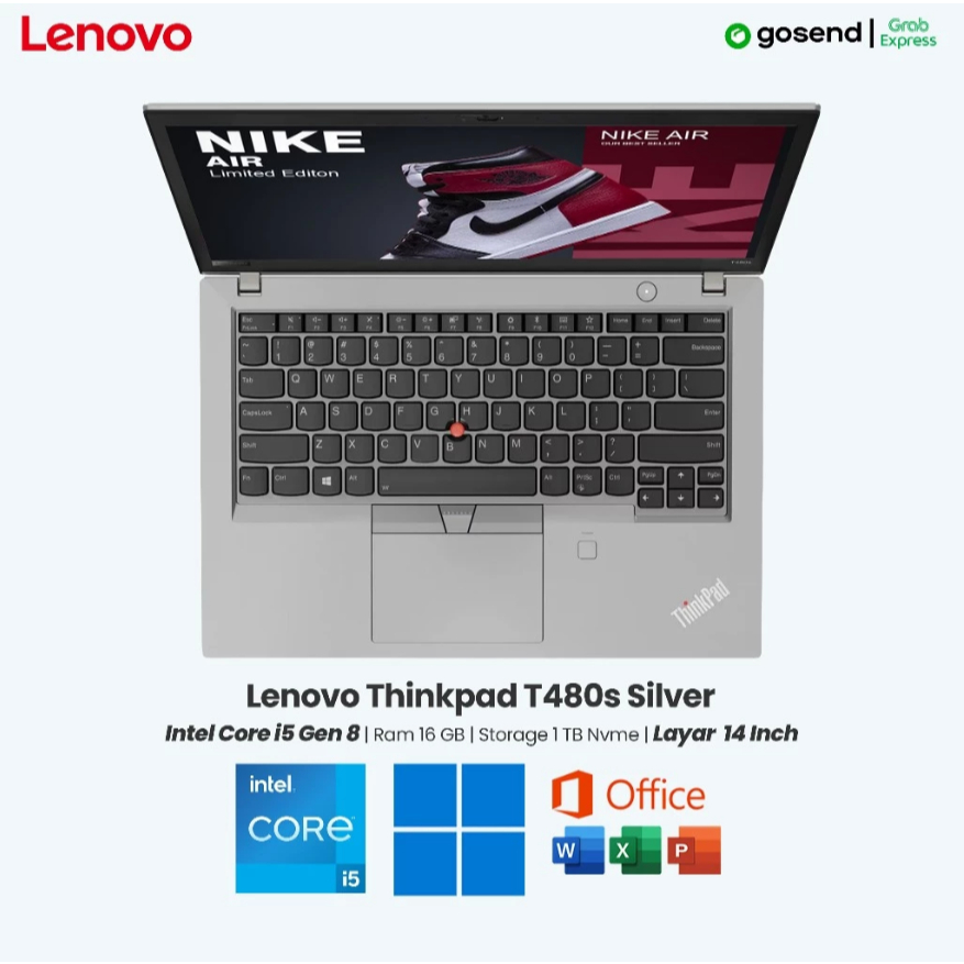 Laptop Lenovo Thinkpad T480s Intel Core i5 Gen 8 Ram 16 GB SSD 1 TB Layar 14 inch Warna Silver