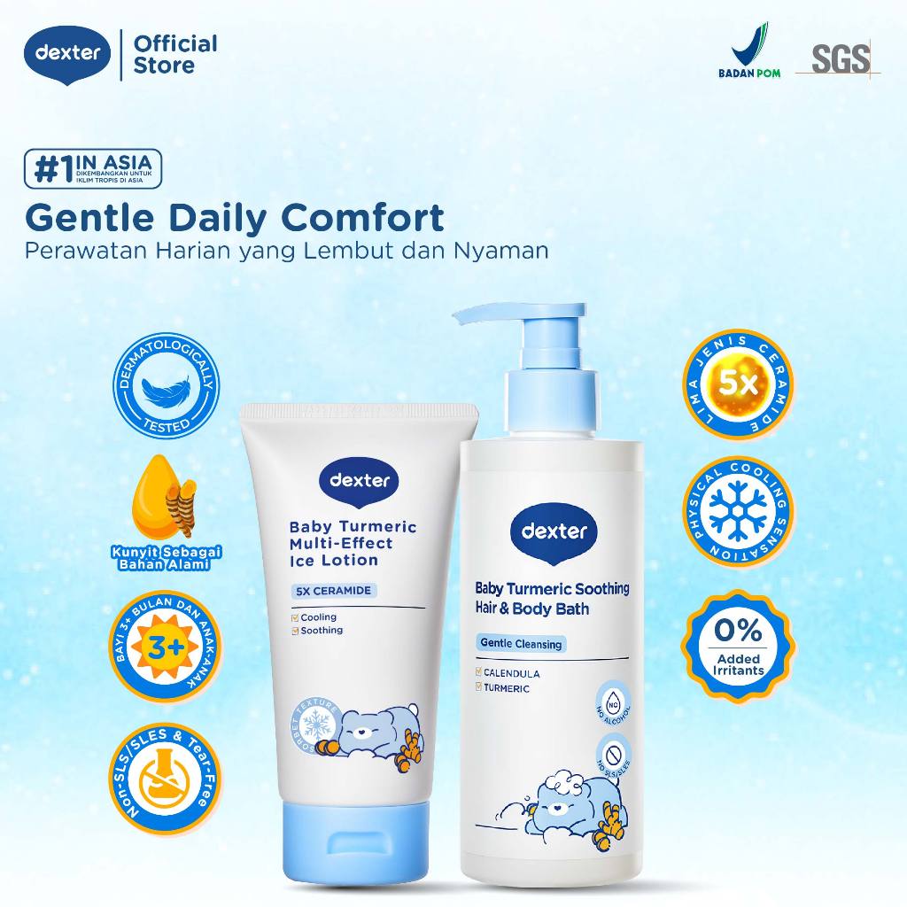 DEXTER Gentle Daily Comfort Bundle Ice Lotion 100 ml & Hair Body Bath 300 ml | dengan Shea Butter & 