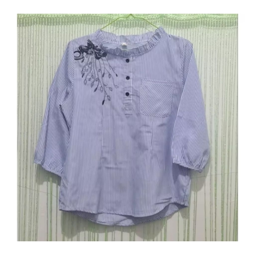 blouse blus wanita salur biru putih motif bordir