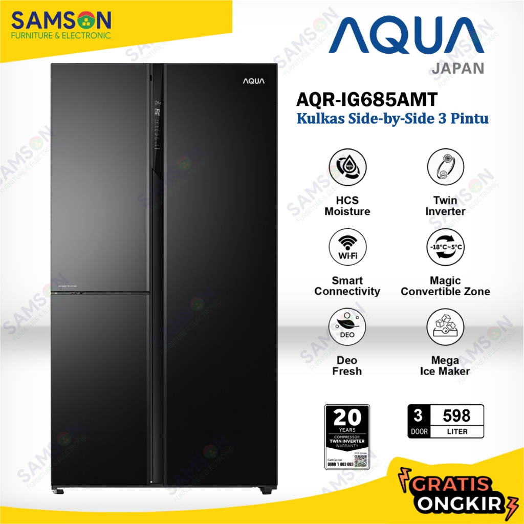 AQUA AQR-IG685AMT Kulkas 3 Pintu 562 L Side By Side – Twin Inverter, Smart Control, Deo Fresh