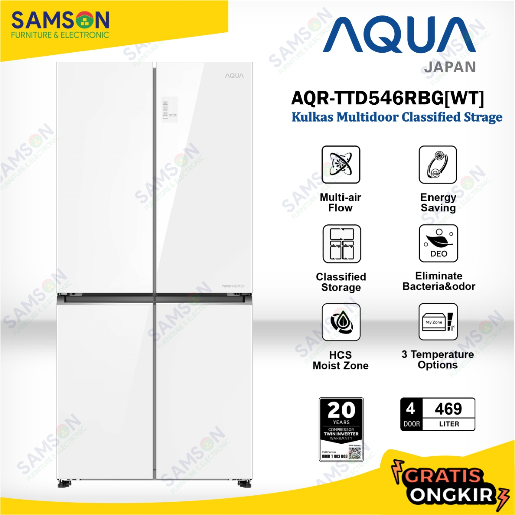 AQUA AQR-TTD546RBG(WT) Kulkas Multidoor 4 Pintu 469 L Twin Inverter H-DEO Multi Air Flow White