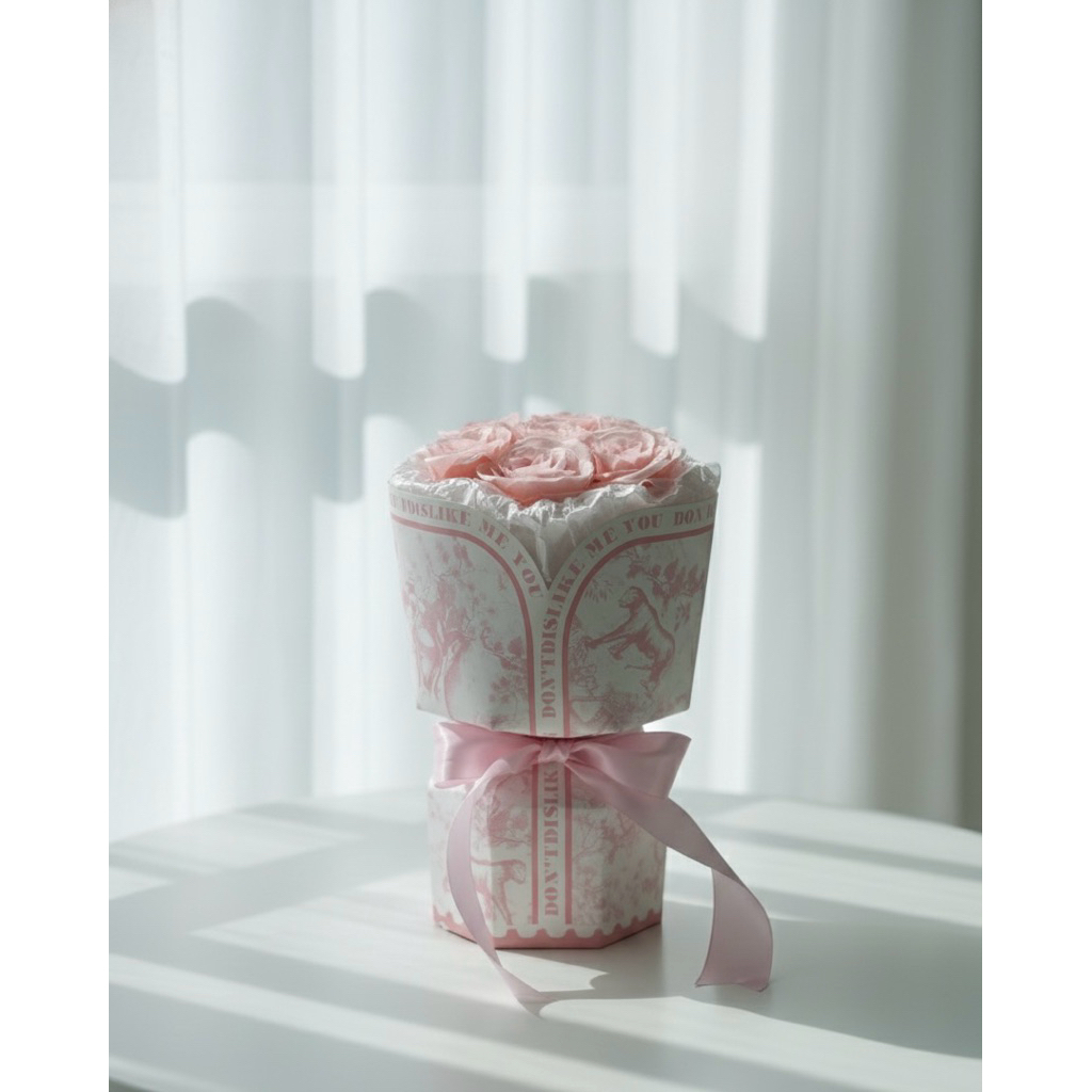 Artificial 8 Rose Bouquet | Bunga Mawar Pink 8 Tangkai | Tweed Bouquet Korea | Bucket Bunga Mawar Va