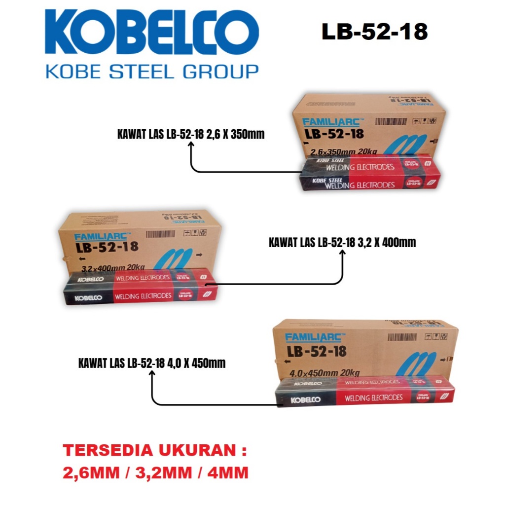 Kawat Las LB52-18 2.6mm 3.2mm 4mm E7018 KOBE 7018 LB5218 2,6mm 3,2mm 4mm