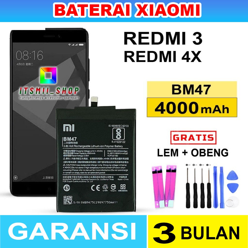 BATERAI BATRE XIAOMI REDMI REDMI 3 / REDMI 4X BM47 ORIGINAL ((FREE OBENG+LEM))