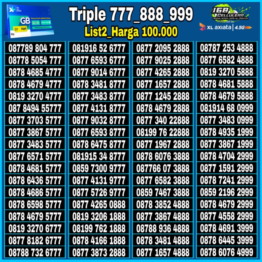 kartu perdana nomor cantik XL Axiata 4G 777 888 999 000