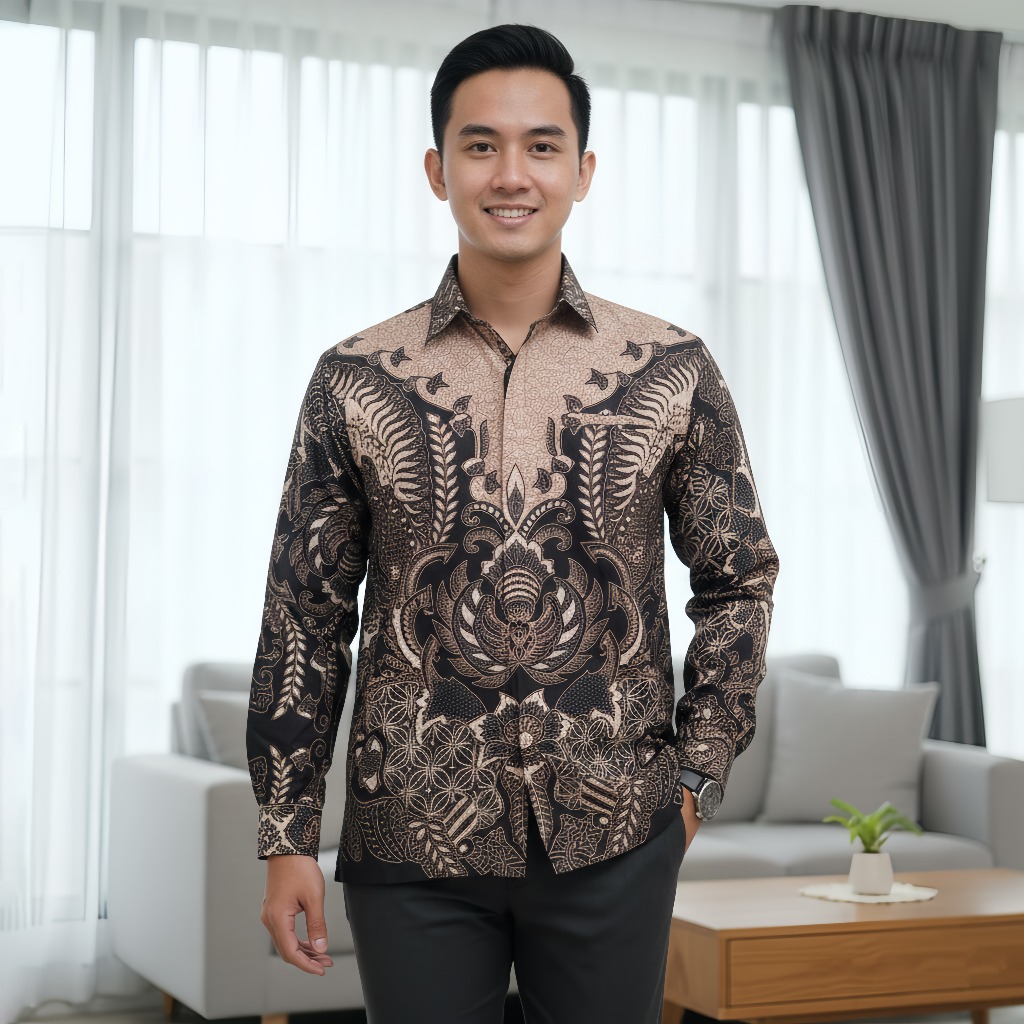 Solo Batik Store - Kemeja Batik Modern Slimfit Affanda Mocca Casual Outfit Fashion Kondangan Pria