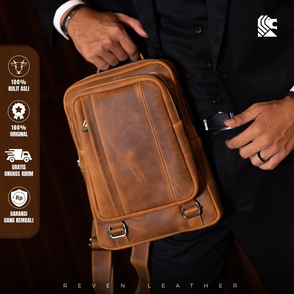 Waistbag Kulit Pria Premium Tas Reven Ammar Selempang Bagpack Ransel Slempang 100% Kulit Sapi Asli C