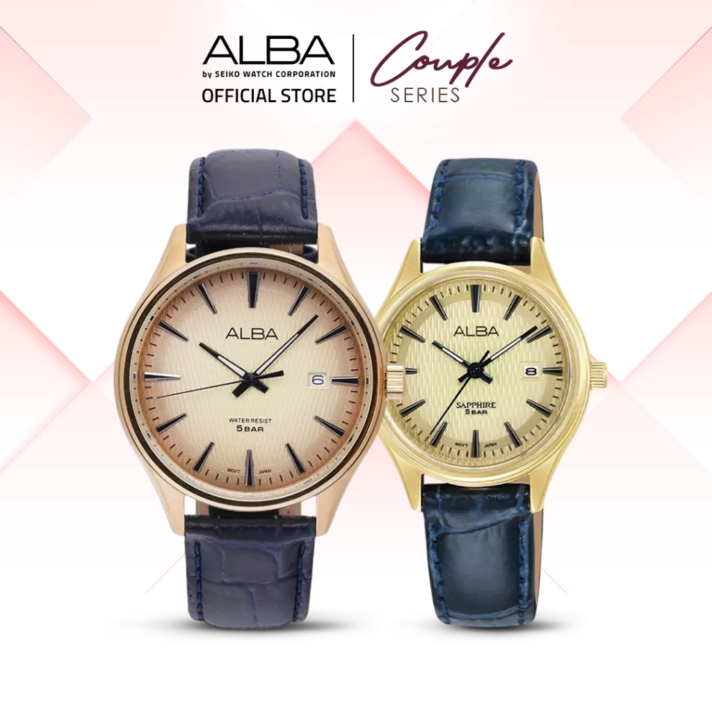 Alba Prestige Jam Tangan Couple AS9V16X1 & AH7ED4X1 Quartz Champagne Pattern Dial Stainless Steel St