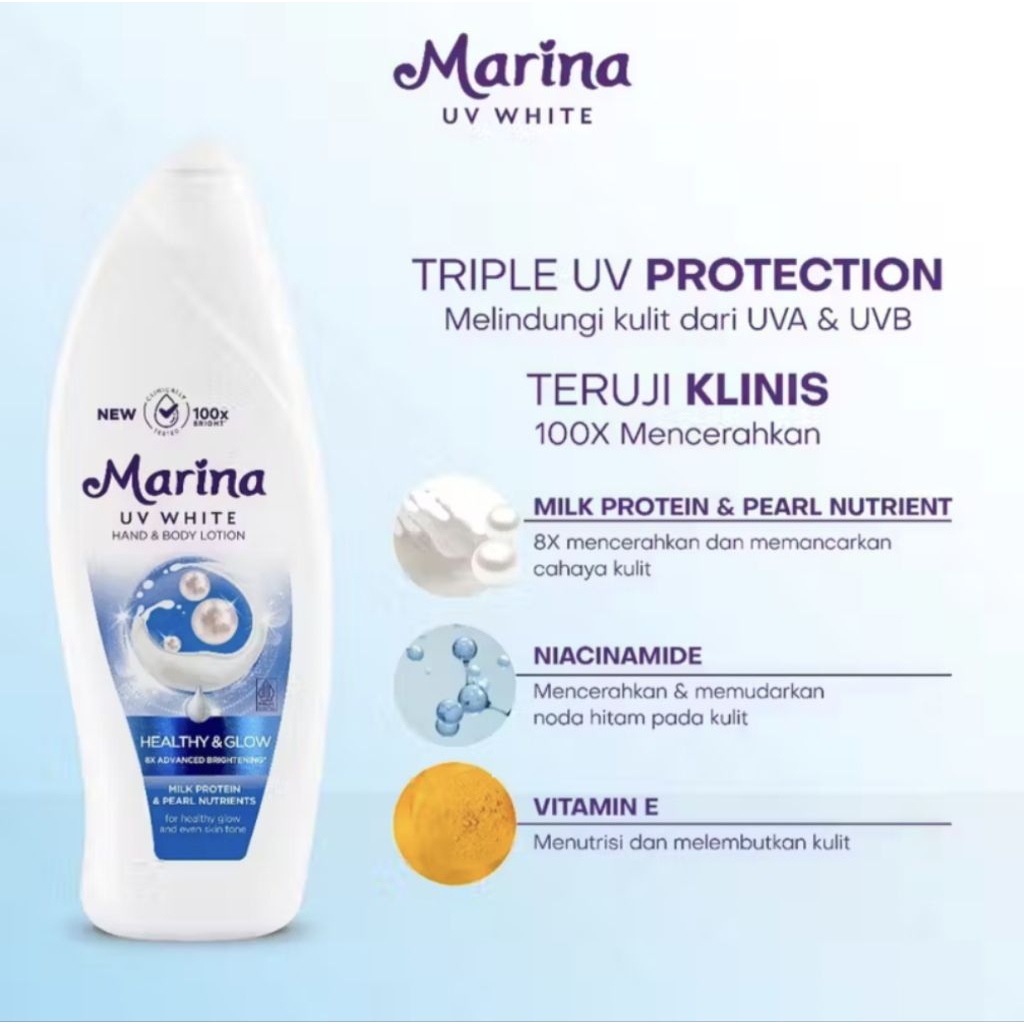 (UKURAN JUMBO) "Marina UV White Healthy & Glow 460ml  Handbody Lotion Marina - Marina Jumbo Biru.