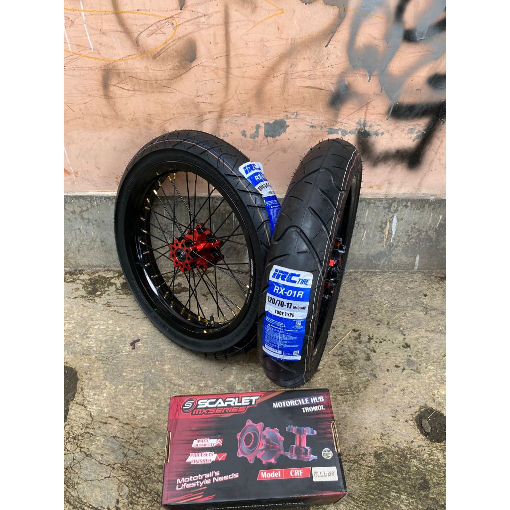 Paket Velg Supermoto CRF Tromol Scarlet Ban IRC Baru Ring 17 Velg Ukur 250/300 Dan 300/350