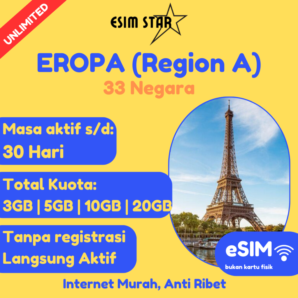 esimstar - ESIM EROPA EUROPE Region A | Liechtenstein, Gibraltar, French West Indies (French Antille